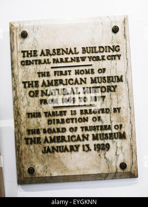 Plaque à l'arsenal, dans Central Park, NYC, usa Banque D'Images