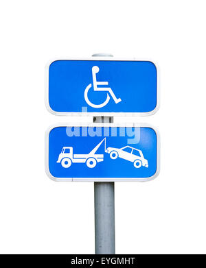 Un handicap parking sign et dépose voiture sign isolated on white with clipping path Banque D'Images