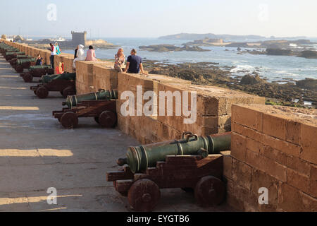 Les vieux remparts et canons de bronze sur les murs de la ville, donnant sur l'océan Atlantique, à Essaouira, Maroc, Afrique du Nord Banque D'Images