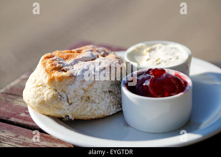 Un scone fraîchement préparé avec de la confiture et de la crème, un thé à la crème anglaise. Servi sur un plateau dans un café et en attente d'être coupé en deux et tartiner avec de la crème Banque D'Images