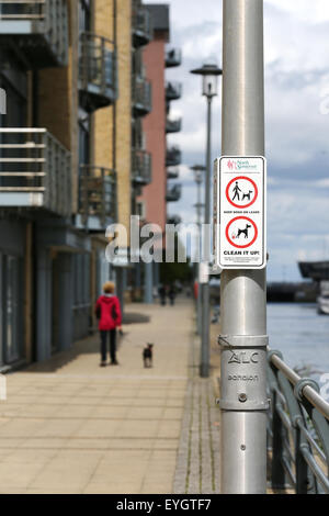 Une fonction pas 'Dog Messing' et 'Dogs sur le plomb' signe sur un lampadaire en ville, un chien walker avec un chien en laisse vient tout juste d'adopter le signe Banque D'Images