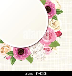 Carte avec des roses rose et blanc, lisianthuses, anémones et fleurs lilas. Vector eps-10. Illustration de Vecteur