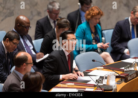 New York, USA. 29 juillet, 2015. Le ministre des Transports malaisien Liow Tiong Lai parle au siège des Nations Unies à New York. La Russie a opposé son veto mercredi sur un projet de résolution du Conseil de sécurité des Nations Unies sur la création d'un tribunal international pour enquêter sur la destruction de l'avion malaisien MH17. Source : Xinhua/Alamy Live News Banque D'Images