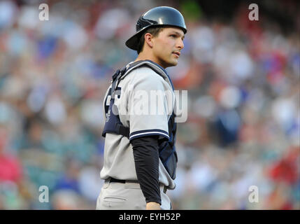 JUL 28, 2015 : New York Yankees catcher John Ryan Murphy # 66 lors d'un match entre la MLB Yankees de New York et les Rangers du Texas à Globe Life Park à Arlington, TX New York Texas défait 21-5 Banque D'Images