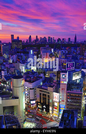 Vue générale de la ville de Shinjuku au coucher du soleil vu de Shibuya, Tokyo, Japon Banque D'Images