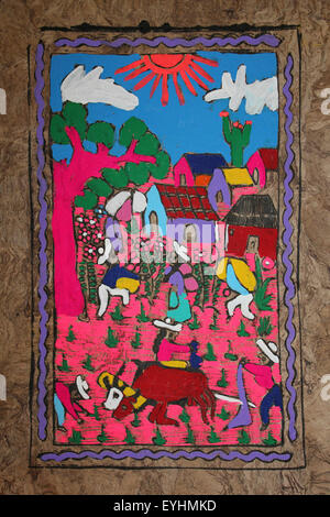 Écorce Amate peinture représentant la vie du village de tous les jours Banque D'Images