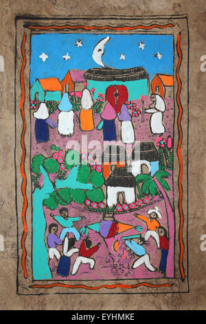 Écorce Amate peinture représentant la vie du village de tous les jours Banque D'Images