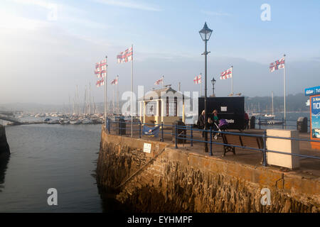 Drapeaux de la RNLI dans la brise sur Prince of Wales pier, Falmouth, Cornwall, England, UK Banque D'Images