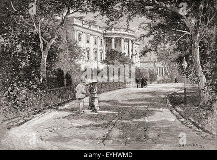 Portique sud de la Maison Blanche à partir de près de la Serre, Secrétariat du bâtiment dans la distance, à Washington, l'Amérique au 19e siècle. Banque D'Images