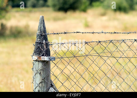 Un gros plan d'une clôture en bois avec du fil de fer barbelé Banque D'Images