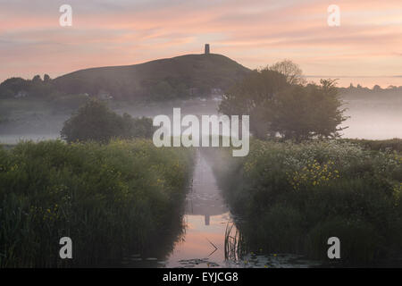 Mist suaires Glastonbury Tor pendant un printemps coloré lever de soleil sur le Somerset Levels. Banque D'Images