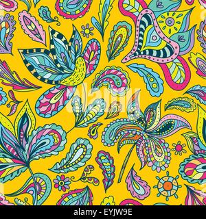 Et paisley florale dessin ornemental doodle papier peint avec motifs ethniques sur fond jaune Illustration de Vecteur
