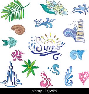 Signes et vecteur swirls définie pour Voyage, Vacances, tourisme, avec des vagues de la mer, les gouttes d'eau et de plantes tropicales Illustration de Vecteur
