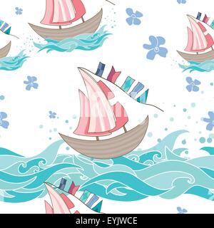 Vector background avec des fleurs, des vagues et des navires Illustration de Vecteur