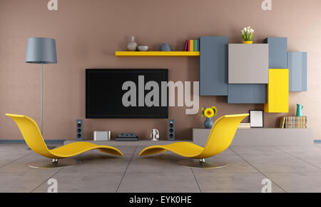 Salon coloré avec deux chaise-lounge et le téléviseur - le rendu 3D Banque D'Images