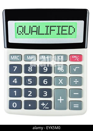 Calculatrice avec affichage sur qualifiés isolé sur fond blanc Banque D'Images