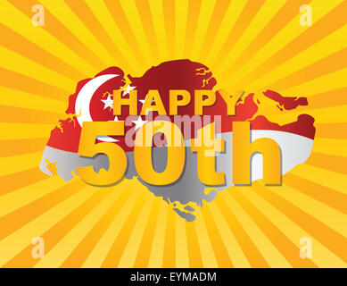 Singapour 2015 Joyeux 50e Journée nationale Drapeau dans Carte Pays Silhouette sur les rayons du soleil Illustration d'arrière-plan Banque D'Images