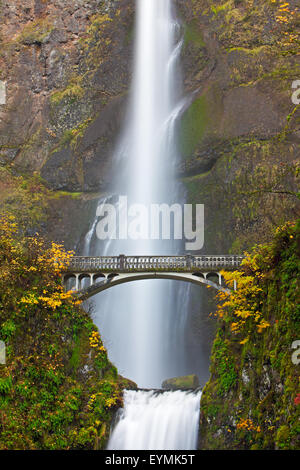 Multnomah Falls d'attraction touristique, un 611-foot-tall rugissant, impressionnante chute d'eau à la fin de l'automne avec Benson, pont Banque D'Images