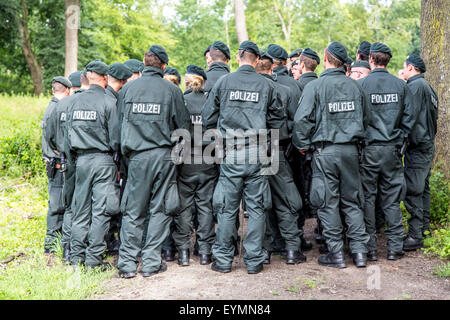 Les unités de police anti-émeute des recherches dans une région boisée de traces des disparus Annette L., qui a disparu depuis 5 ans. Banque D'Images