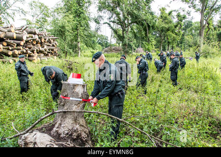 Les unités de police anti-émeute des recherches dans une région boisée de traces des disparus Annette L., qui a disparu depuis 5 ans. Banque D'Images