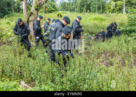 Les unités de police anti-émeute des recherches dans une région boisée de traces des disparus Annette L., qui a disparu depuis 5 ans. Banque D'Images