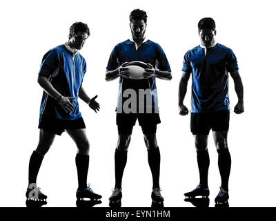 L'un des hommes de race blanche rugby joueurs en silhouette studio isolé sur fond blanc Banque D'Images