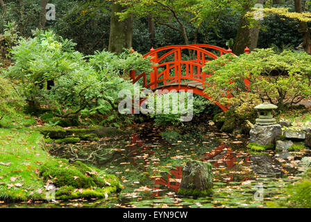 Pont Rouge dans le jardin japonais, La Haye, Parc Clingendael, aux Pays-Bas. Banque D'Images