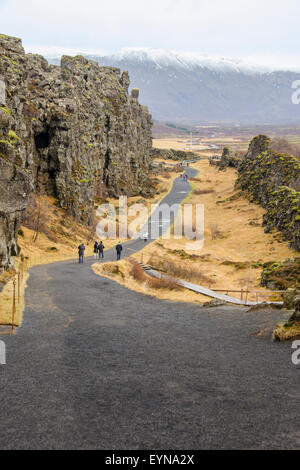 Le Parc National de Thingvellir Rift Valley avec Rock en arrière-plan, l'Islande Banque D'Images