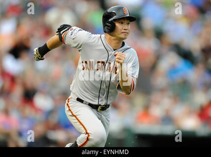 31 juil., 2015 : le voltigeur des Giants de San Francisco Nori Aoki # 23 lors d'un match entre la MLB Giants de San Francisco et les Texas Rangers à Globe Life Park à Arlington, TX Texas défait 6-3 San Francisco Banque D'Images