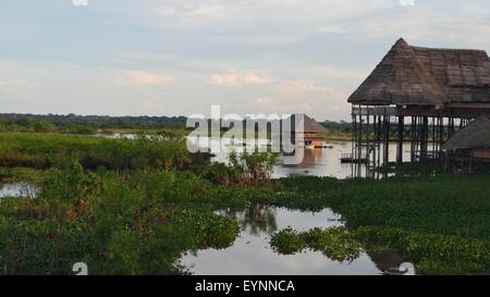 Des maisons flottantes sur la rivière Itaya, à Iquitos, en Amazonie péruvienne Banque D'Images