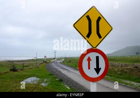 La signalisation routière sur la route de gravier, avec pont, Wairarapa, Glenburn, île du Nord, Nouvelle-Zélande Banque D'Images