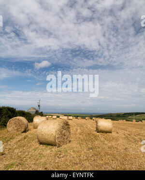 Sennen, Cornwall, UK. 2 août 2015. Météo britannique. Sec et ensoleillé sur West Cornwall, avec les agriculteurs le foin pendant que le soleil brille. Banque D'Images