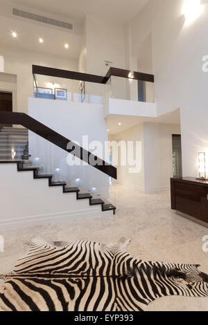 Couloir avec luxueux tapis de peau de zèbre en face d'un escalier de style moderne Banque D'Images