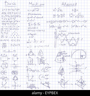 Vecteur de mathématiques sur du papier quadrillé transparent. 3 différents niveaux, élémentaire, moyen et avancé. Banque D'Images