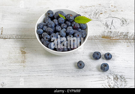 Close up de bleuets frais, à l'intérieur et l'extérieur du bol, sur une table en bois blanc rustique. Banque D'Images