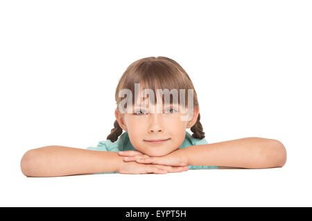 Petite fille avec deux tresses isolated on white Banque D'Images