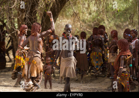 L'homme à femmes Hamer fouetter un Hamer Bull Jumping Cérémonie, Turmi, au sud de la vallée de l'Omo, Ethiopie Banque D'Images