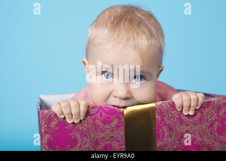 Cute little girl sitting in box Banque D'Images