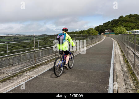 Le passage des cyclistes Meldon Viaduct sur la façon de granit, Devon Dartmoor UK Banque D'Images