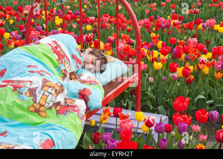 Femme dormir entre beaucoup de belles tulipes colorées Banque D'Images