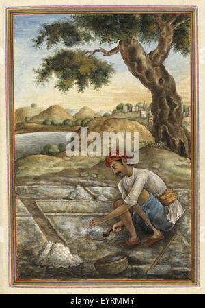 Une illustration de 'Tashrih al-aqvam', représentant la caste de Luniya, connue pour son occupation de salière en Inde. L'image met en évidence cette profession traditionnelle et le contexte social du système de castes en Inde. Banque D'Images