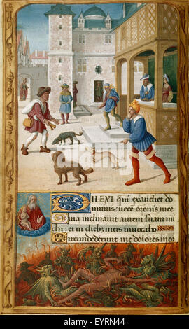 Photographie des heures de Tilliot, illustrant l'histoire biblique de Dives et Lazare, une parabole de l'homme riche et du mendiant. Banque D'Images