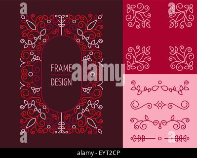 Hipster Vintage Retro design ligne jeu de trames et monogramme frontières dans un style floral. Idéal pour la carte de vœux et conception de marque Illustration de Vecteur