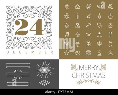 Joyeux Noël vintage retro hipster jeu de trames monogramme frontières et icônes de style de ligne design. Idéal pour carte de souhaits Illustration de Vecteur