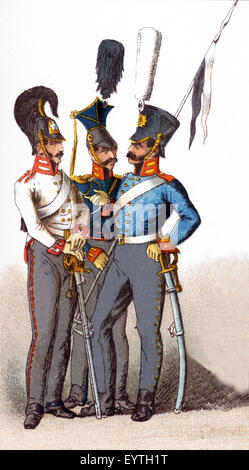 Les chiffres ci-dessus représentent des militaires prussiens au début des années 1800. De gauche à droite : Cuirassier 1814, Uhlan, et de dragons. L'illustration dates à 1882. Banque D'Images