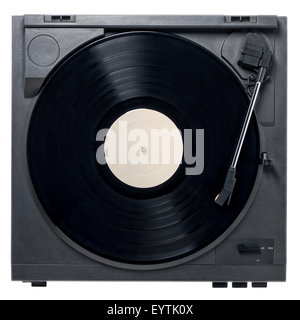 Retro record player avec disque vinyle sur un fond blanc et étiquette vide avec copie espace. Banque D'Images