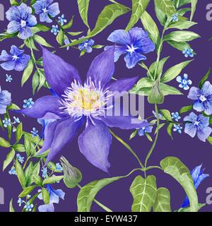 Seamless texture aquarelle avec des fleurs de jardin - pervenche et de clématites sur fond violet Banque D'Images