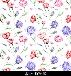 Arrière-plan transparent brillant avec des roses, pivoines, coquelicots en violet et rouge pour le papier peint, Textile et broderie Banque D'Images