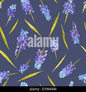 Avec motif transparent purple muskari fleurs sur fond bleu foncé indigo Banque D'Images