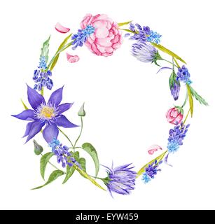 D'offres, modèle de carte de vœux avec pivoine, Clematis, muskari fleurs et bourgeons avec bouquet de forme ronde, idéal pour nous Banque D'Images